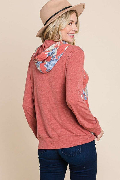 Floral Printed Contrast Hoodie With Relaxed Fit And Cuff Detail - The Diva Goddess