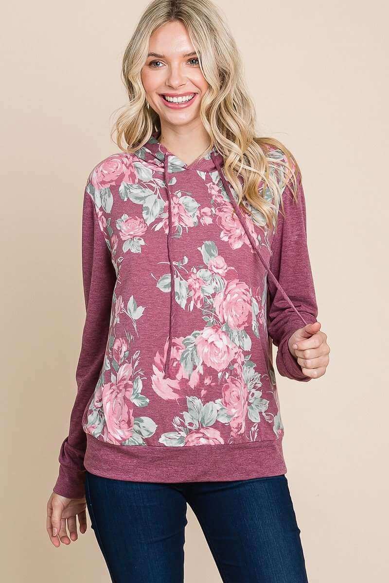 Floral Printed Contrast Hoodie With Relaxed Fit And Cuff Detail - The Diva Goddess