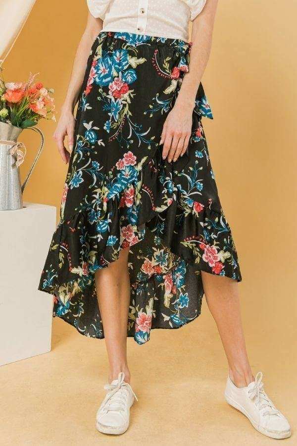 Floral Ruffle Skirt With Trim High Low. - The Diva Goddess