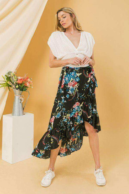 Floral Ruffle Skirt With Trim High Low. - The Diva Goddess