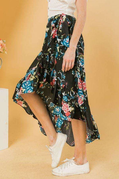 Floral Ruffle Skirt With Trim High Low. - The Diva Goddess