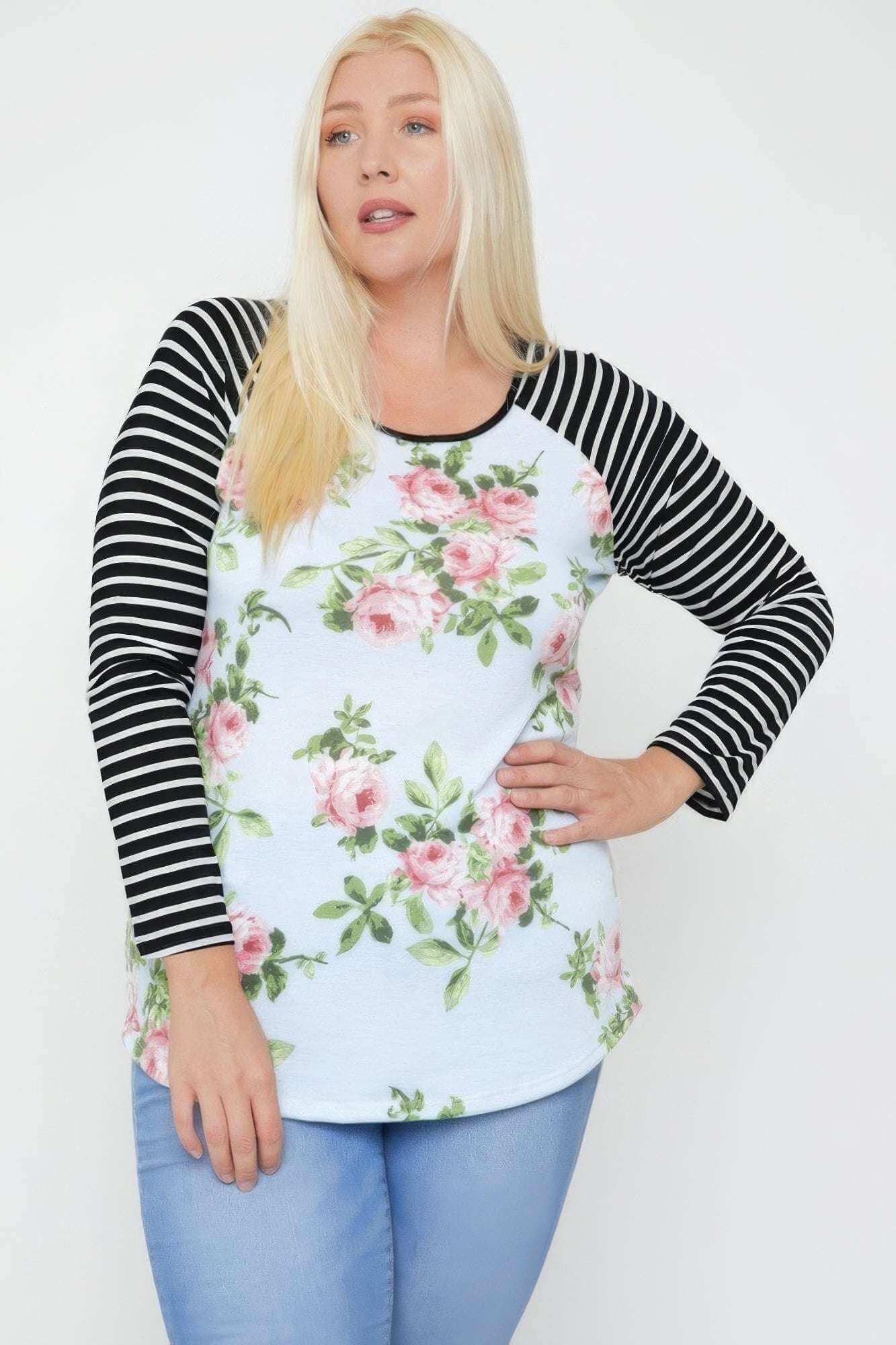 Floral Top Featuring Raglan Style Striped Sleeves And A Round Neck - The Diva Goddess