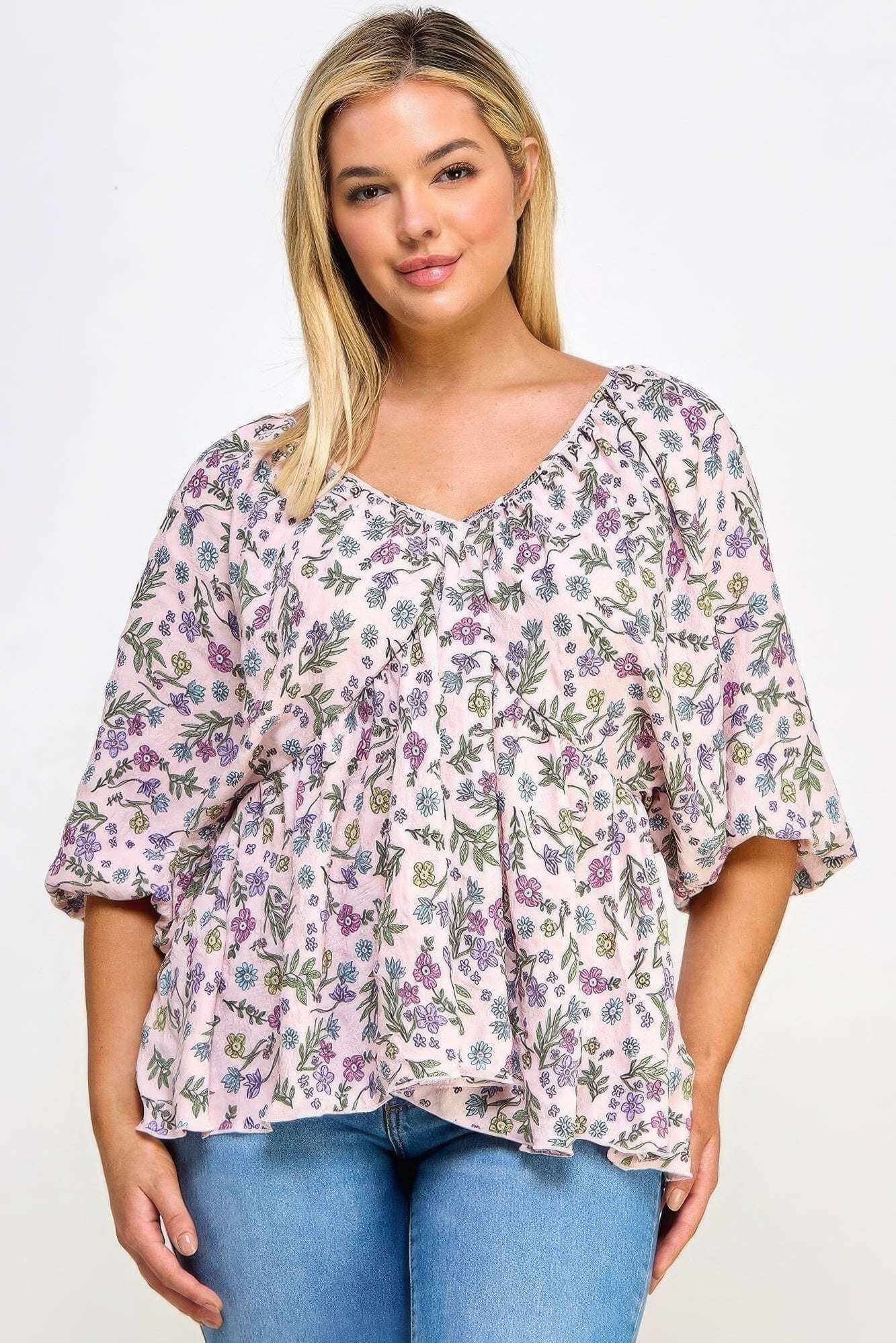 Floral V-neck Babydoll Balloon Slv Top - The Diva Goddess