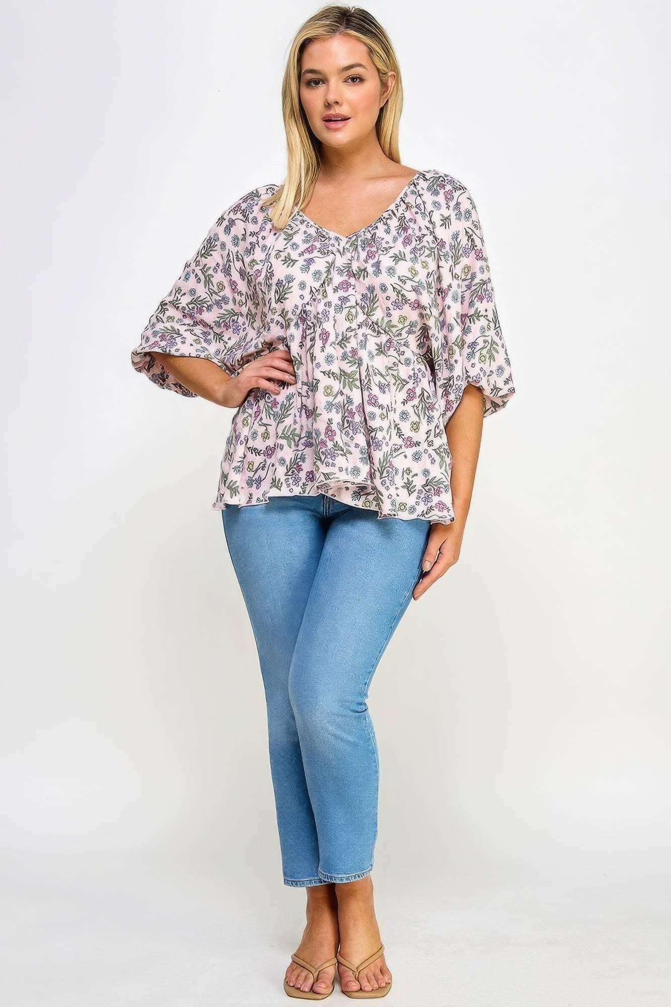 Floral V-neck Babydoll Balloon Slv Top - The Diva Goddess