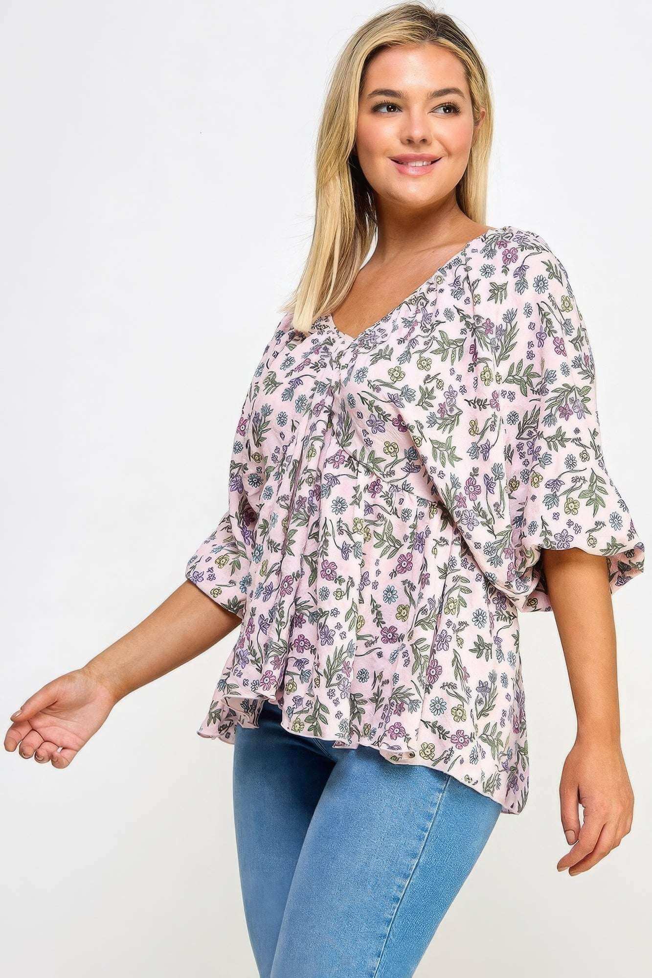 Floral V-neck Babydoll Balloon Slv Top - The Diva Goddess