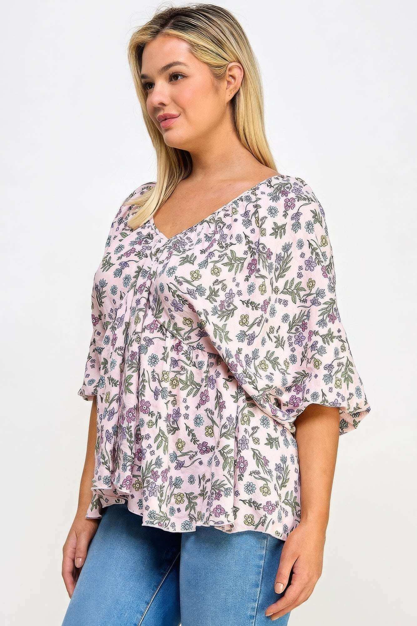 Floral V-neck Babydoll Balloon Slv Top - The Diva Goddess