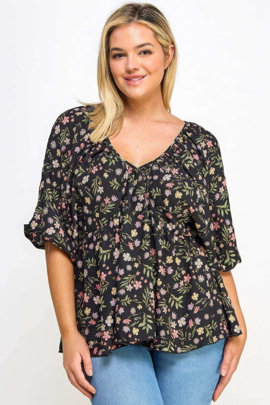 Floral V-neck Babydoll Balloon Slv Top - The Diva Goddess