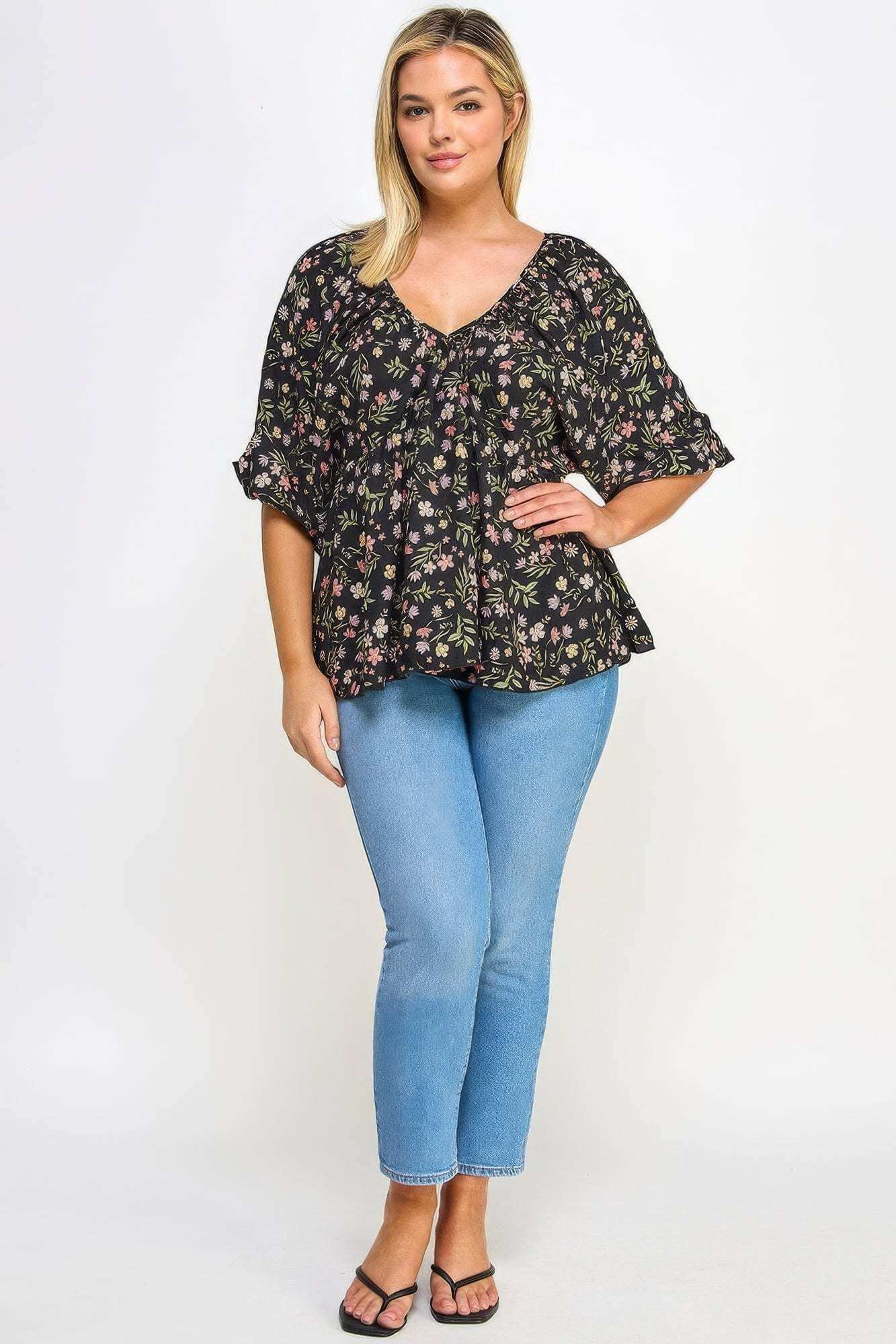 Floral V-neck Babydoll Balloon Slv Top - The Diva Goddess