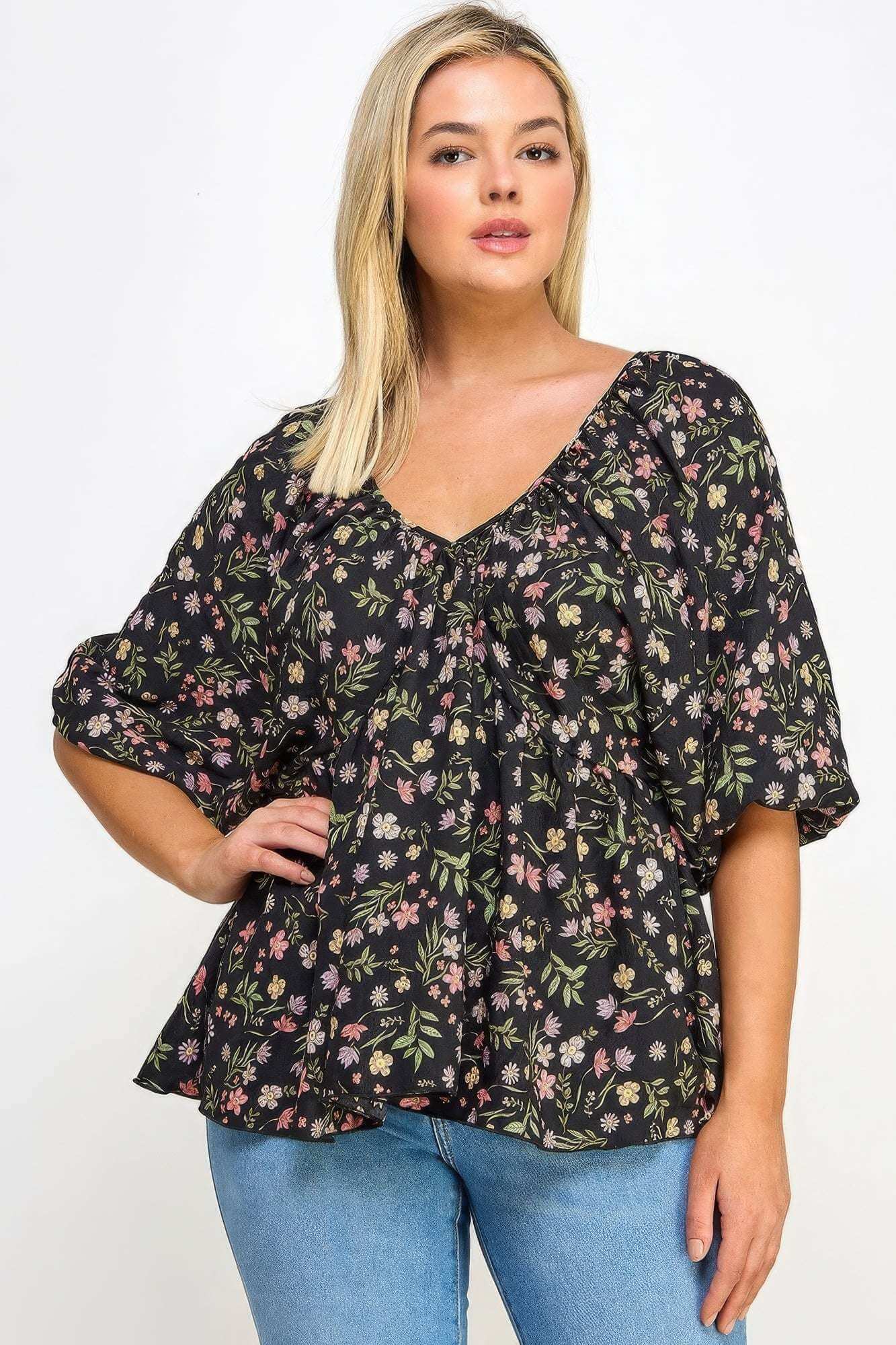 Floral V-neck Babydoll Balloon Slv Top - The Diva Goddess