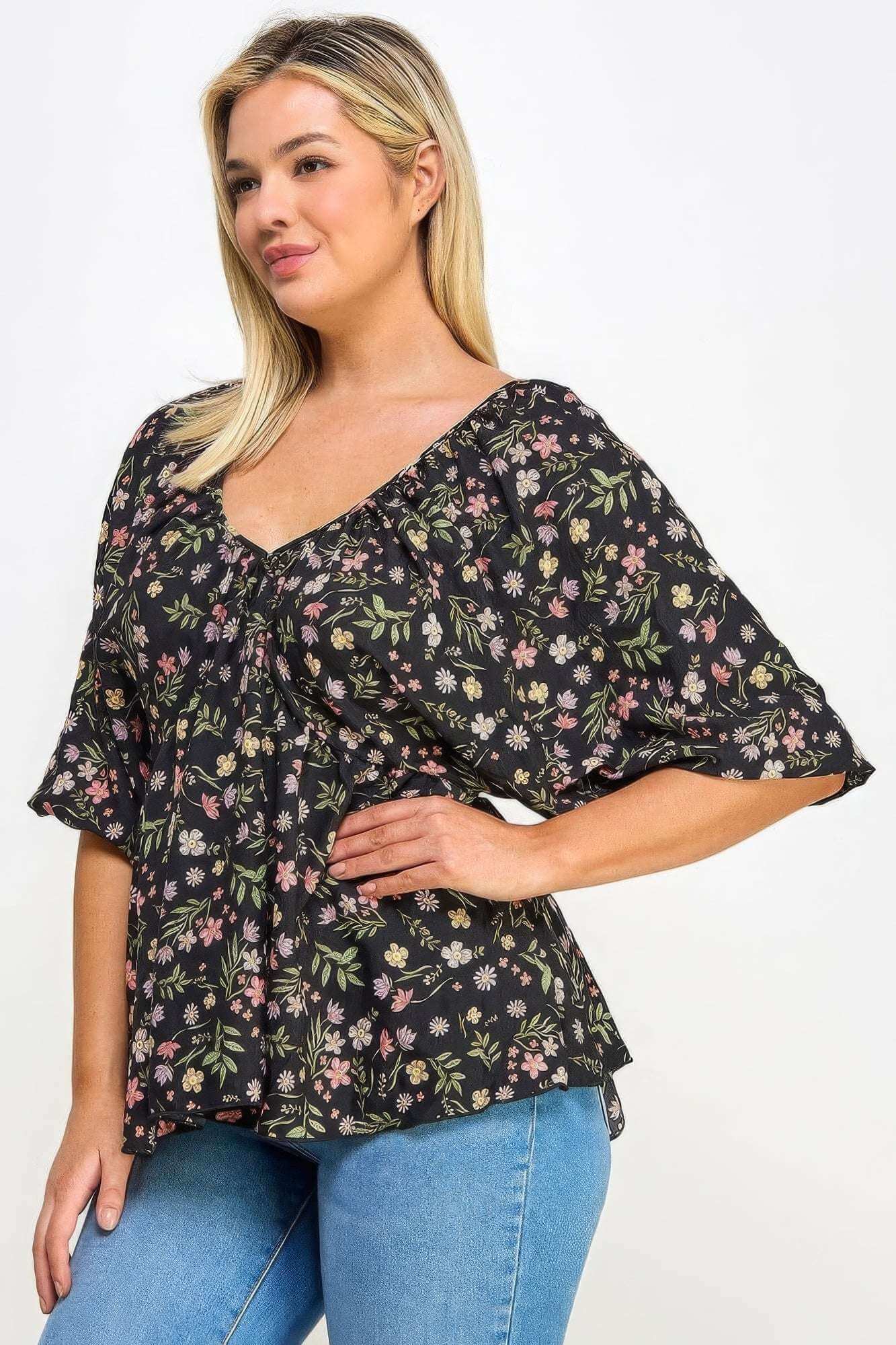 Floral V-neck Babydoll Balloon Slv Top - The Diva Goddess