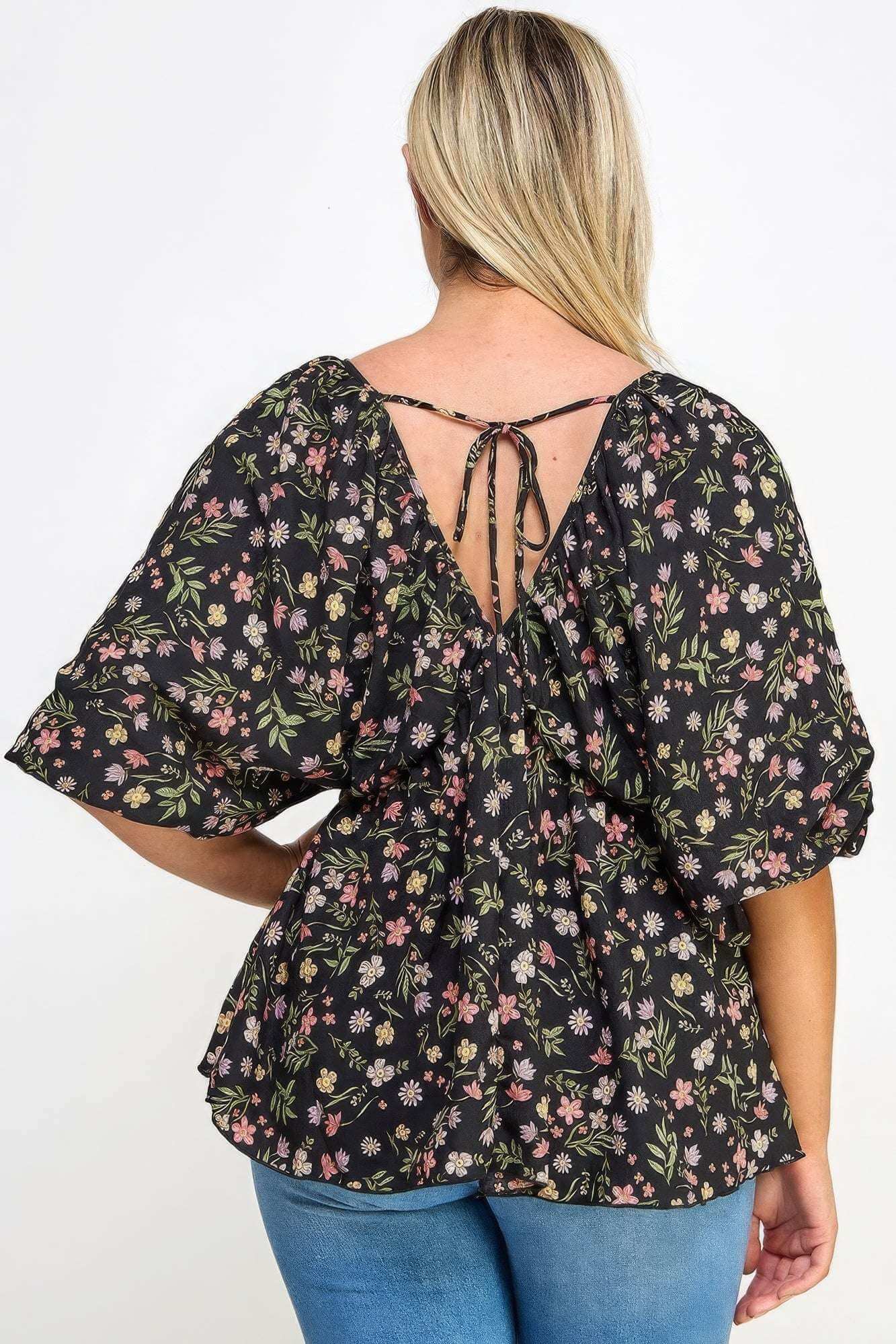 Floral V-neck Babydoll Balloon Slv Top - The Diva Goddess