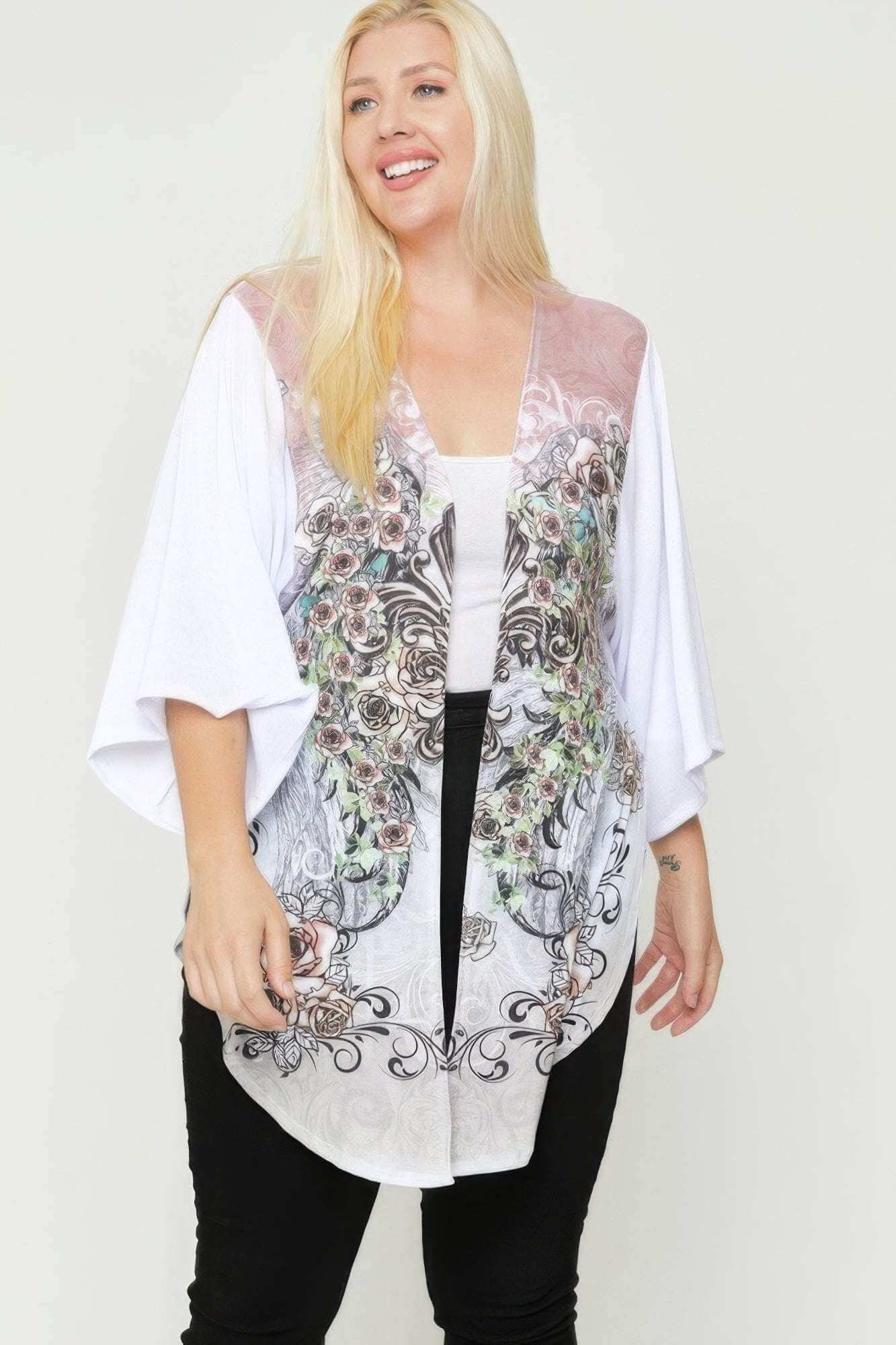 Floral Wings Sublimation Print, Long Body Cardigan - The Diva Goddess