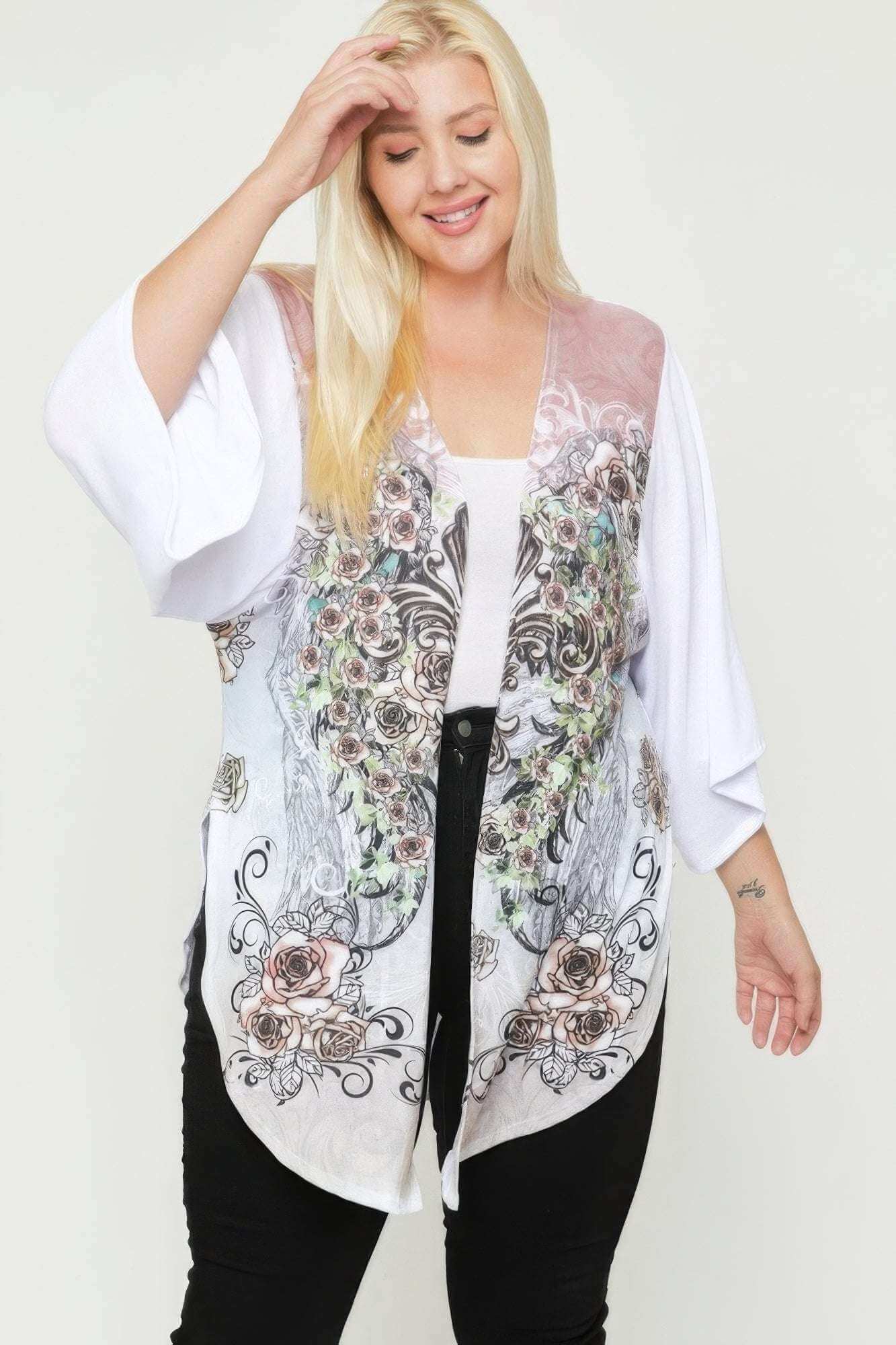 Floral Wings Sublimation Print, Long Body Cardigan - The Diva Goddess