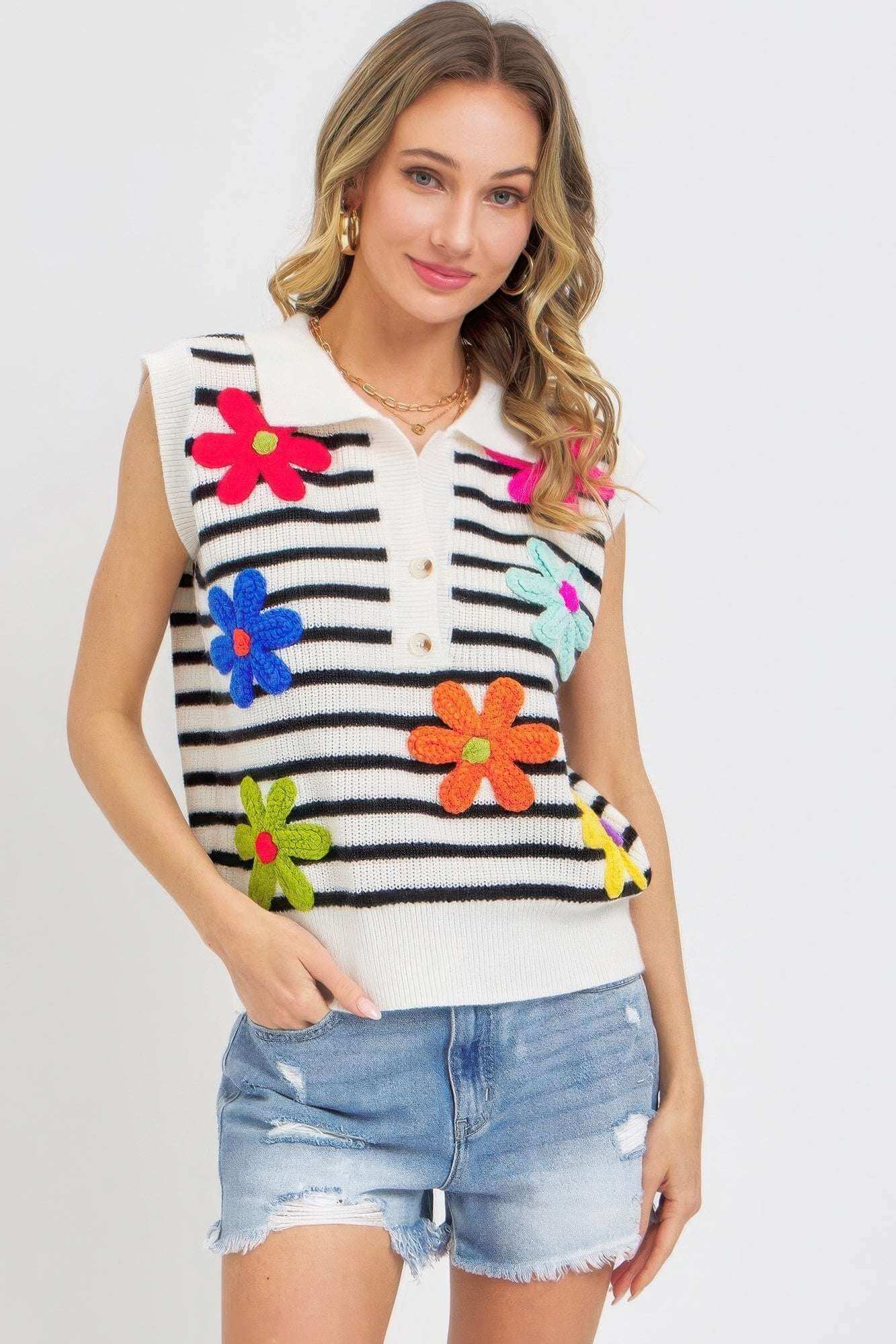 Flower Patch Stripe Knit Top - The Diva Goddess