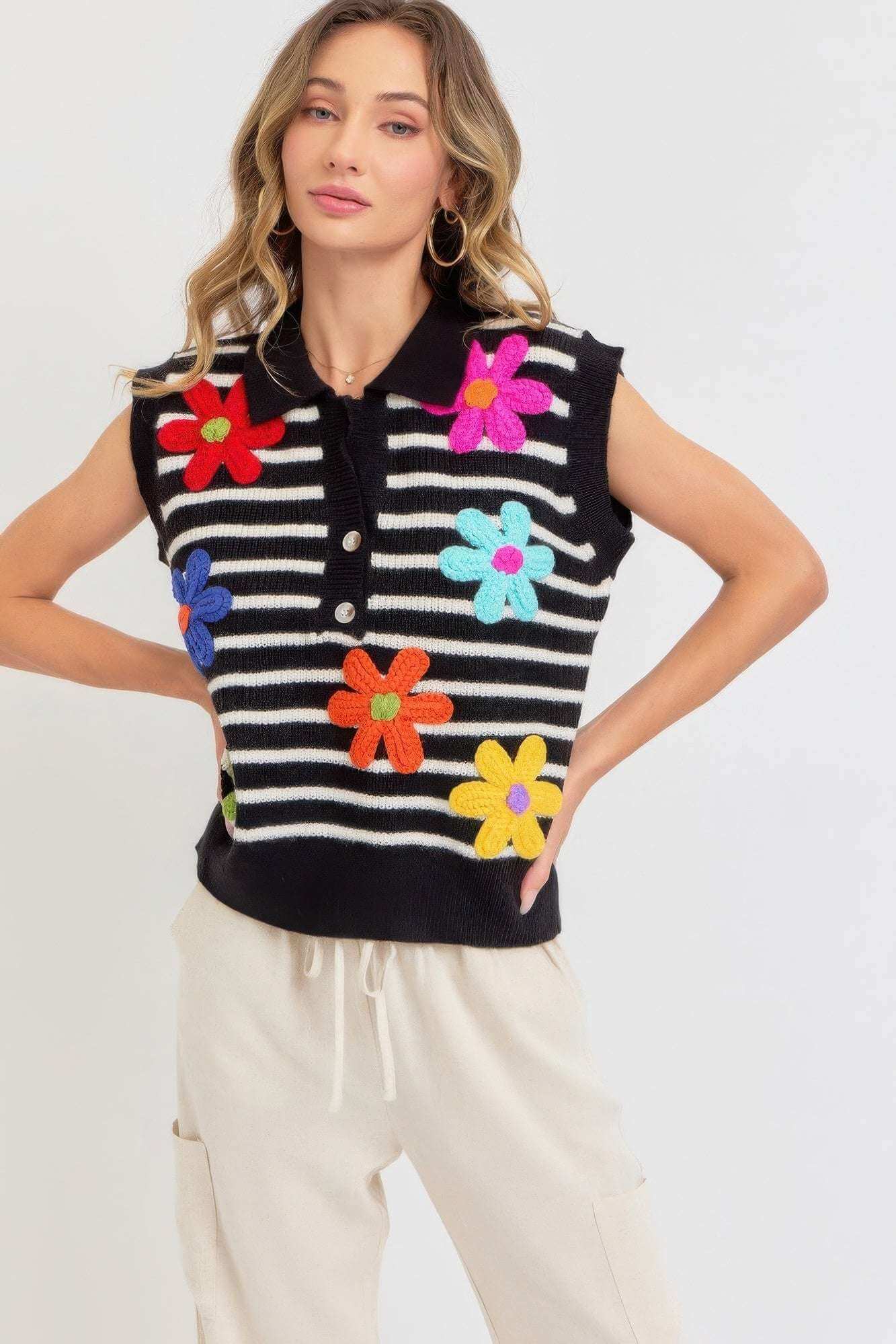 Flower Patch Stripe Knit Top - The Diva Goddess