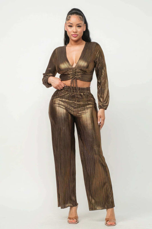 Foil Plisse Tunnel Shirring Top And Pants Set - The Diva Goddess