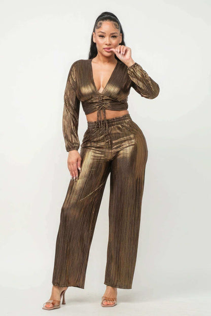 Foil Plisse Tunnel Shirring Top And Pants Set - The Diva Goddess