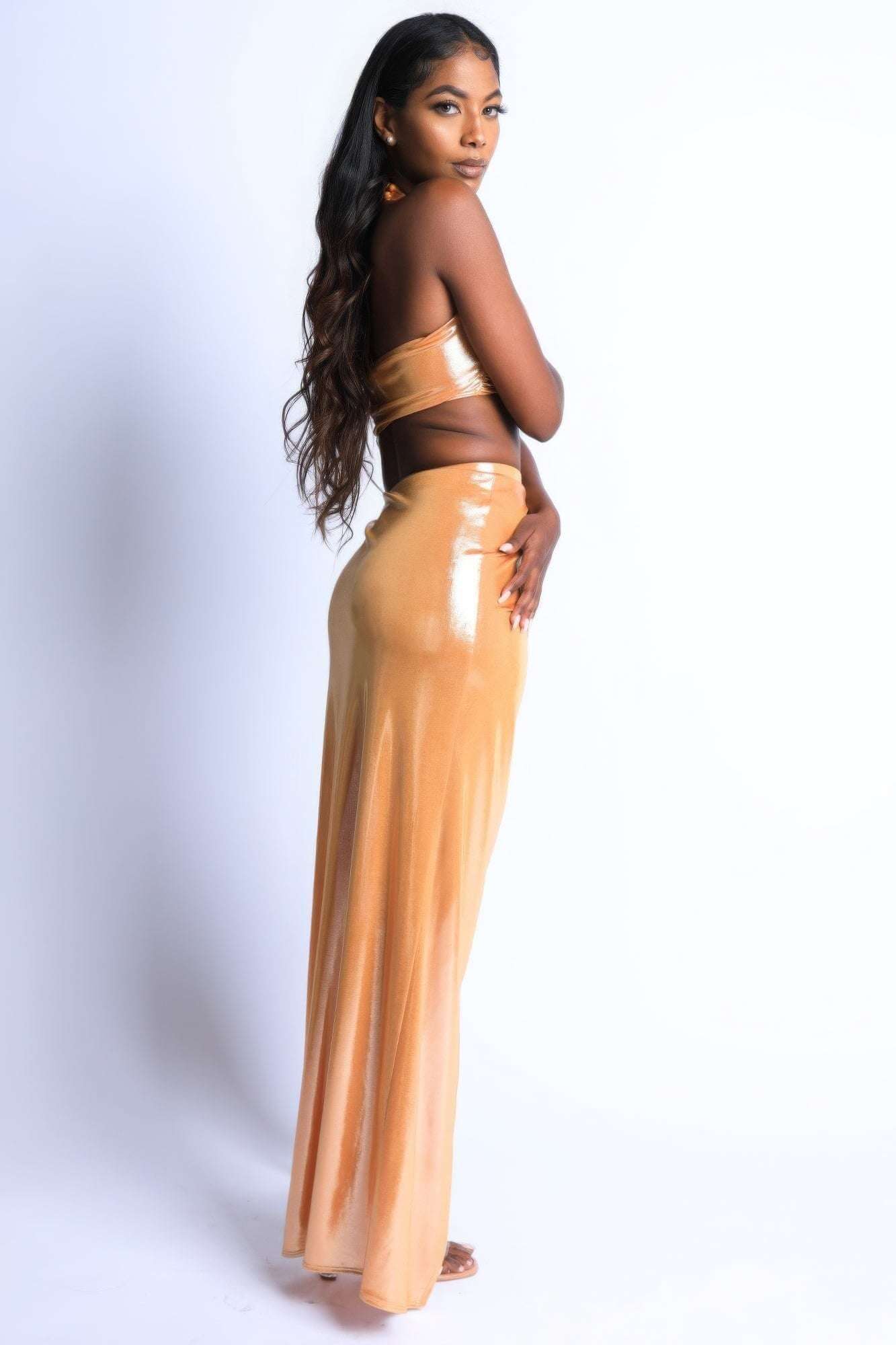 Foil Surplice Halter Top And Opened Maxi Skirt - The Diva Goddess