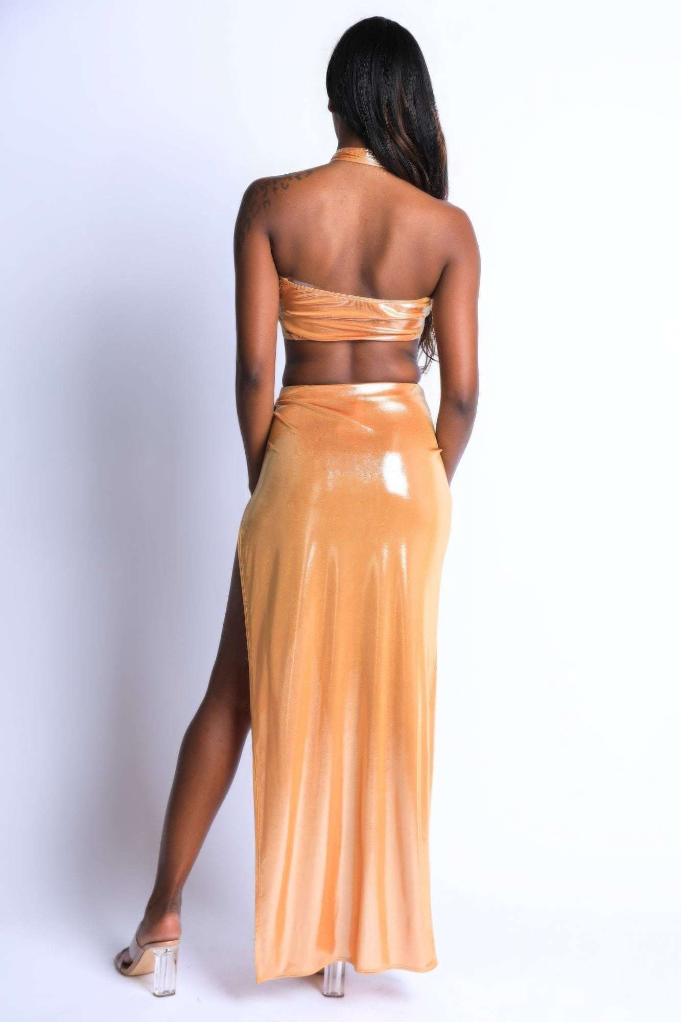 Foil Surplice Halter Top And Opened Maxi Skirt - The Diva Goddess