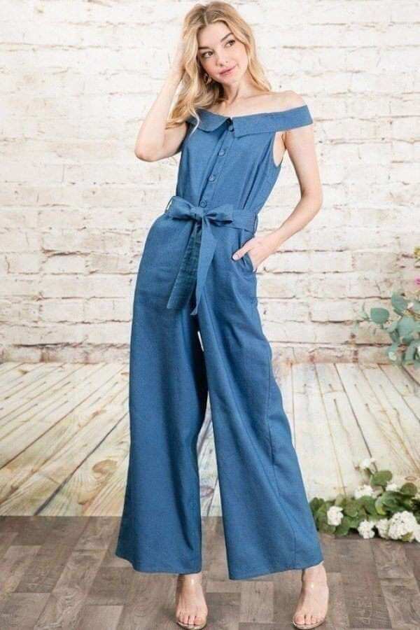 Fold-over Collar Detailed Button Down Off-shoulder Chambray Denim Wide Leg Palazzo Jumpsuit With Waist Tie - The Diva Goddess