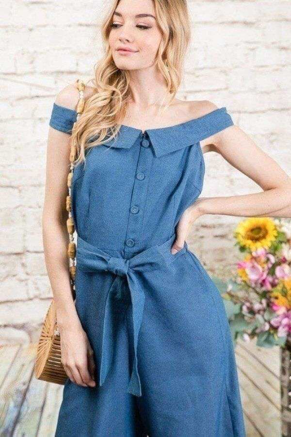 Fold-over Collar Detailed Button Down Off-shoulder Chambray Denim Wide Leg Palazzo Jumpsuit With Waist Tie - The Diva Goddess