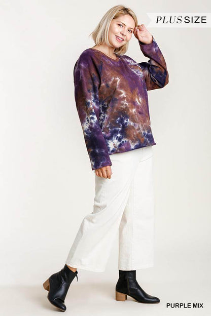 French Terry Tie-dye Raglan Long Sleeve Top With Raw Hem - The Diva Goddess