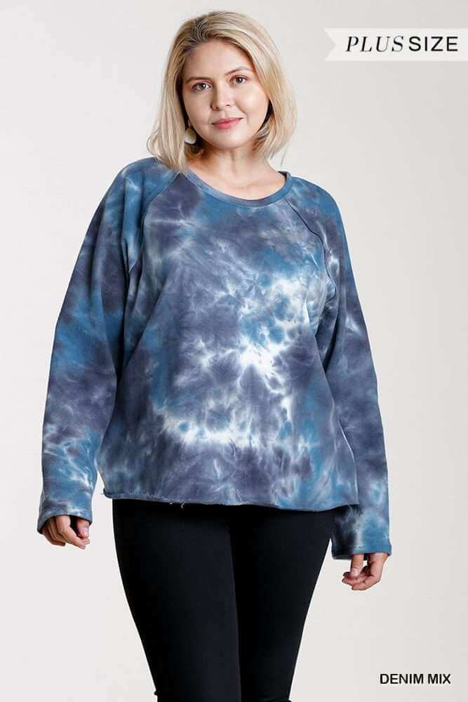 French Terry Tie-dye Raglan Long Sleeve Top With Raw Hem - The Diva Goddess