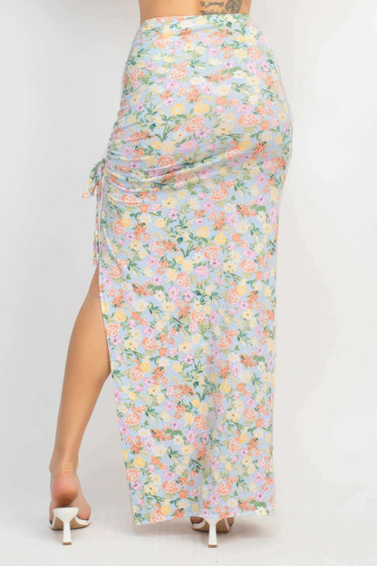 Front Knot Floral Top & Ruched Maxi Skirts Set - The Diva Goddess