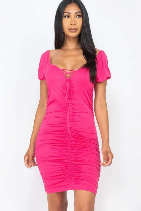 Front Lace Up Ruched Mini Dress - The Diva Goddess