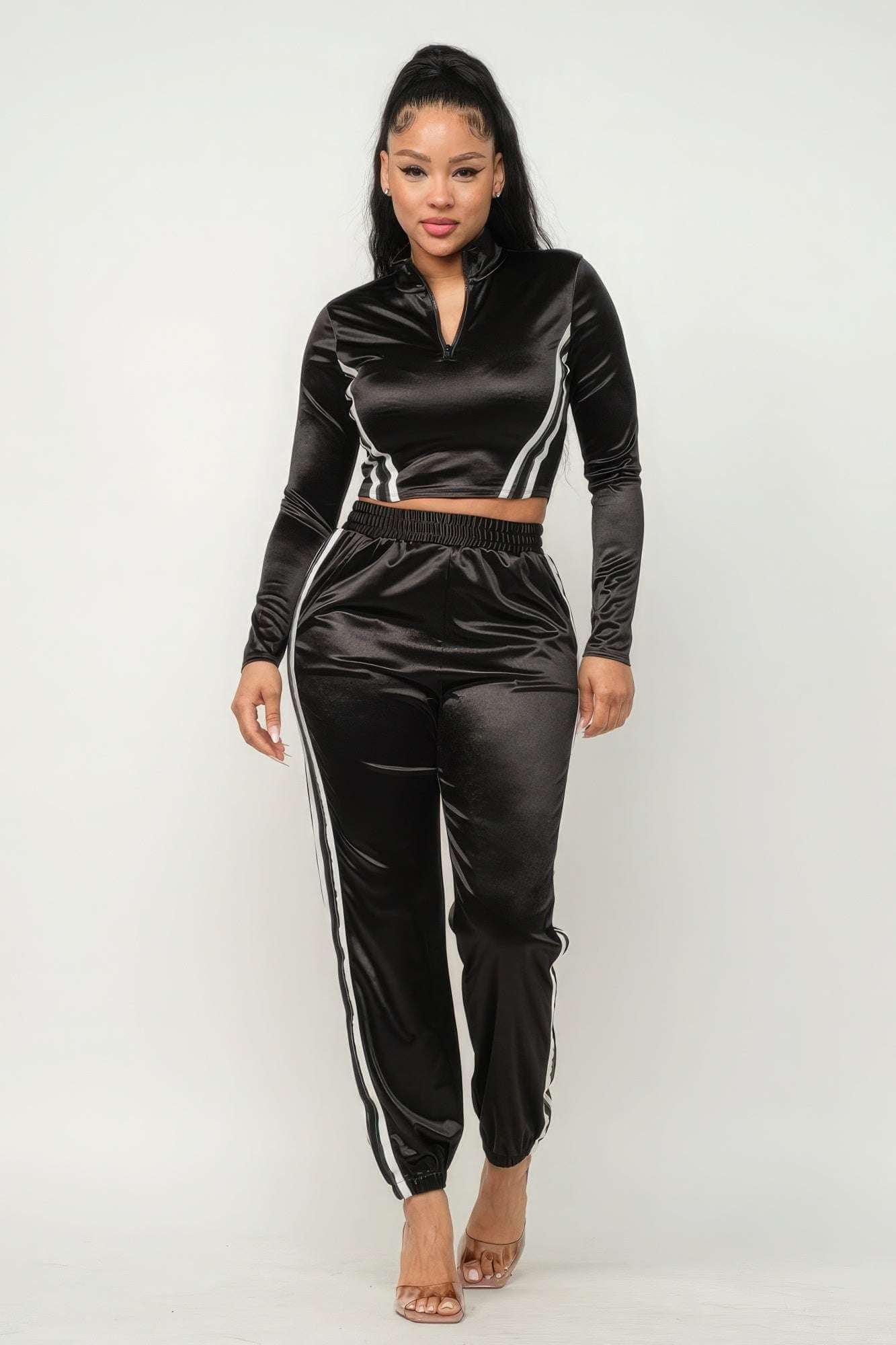 Front Zip Up Stripes Detail Jacket And Pants Set - The Diva Goddess