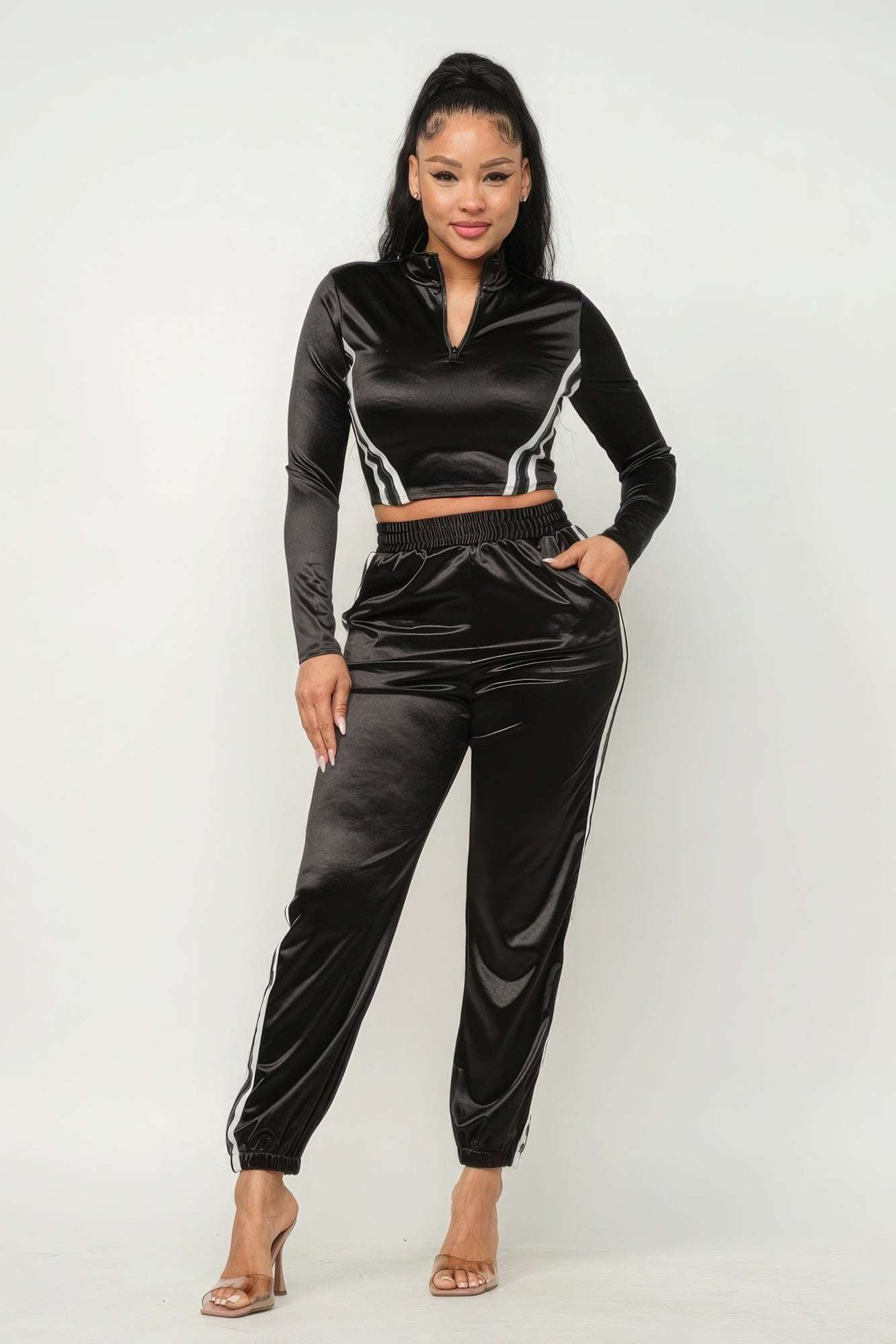 Front Zip Up Stripes Detail Jacket And Pants Set - The Diva Goddess