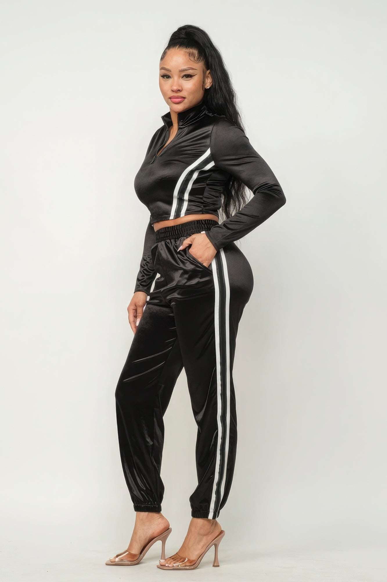 Front Zip Up Stripes Detail Jacket And Pants Set - The Diva Goddess