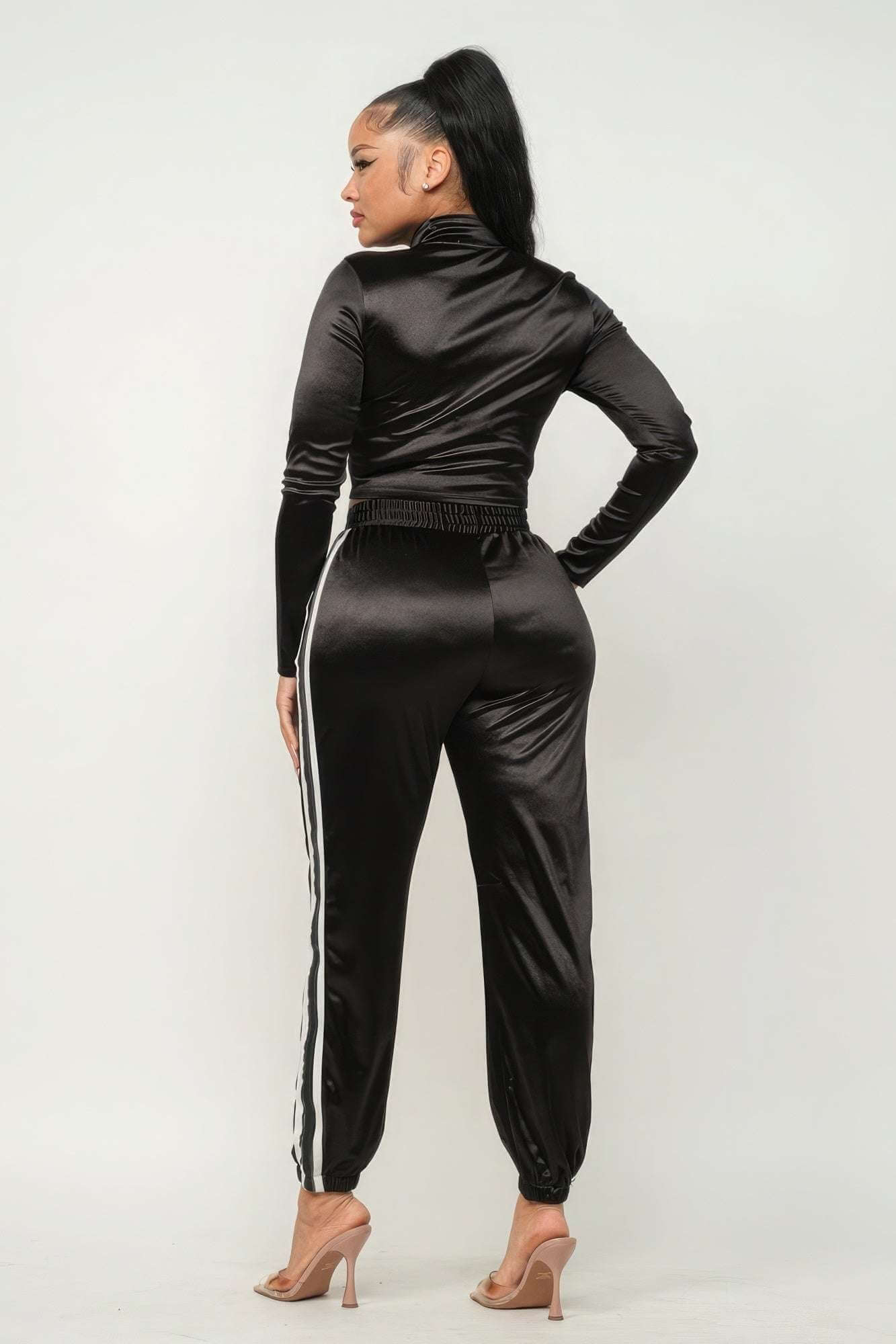 Front Zip Up Stripes Detail Jacket And Pants Set - The Diva Goddess