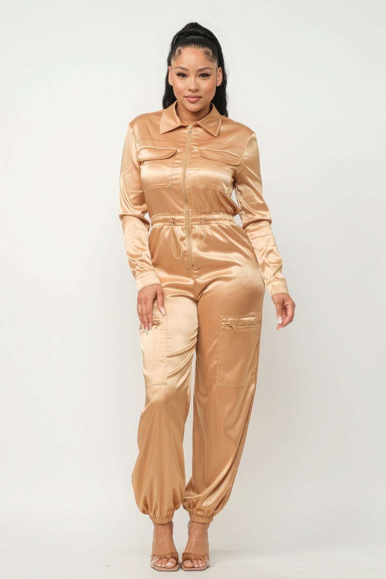 Front Zipper Pockets Top And Pants Jumpsuit - The Diva Goddess