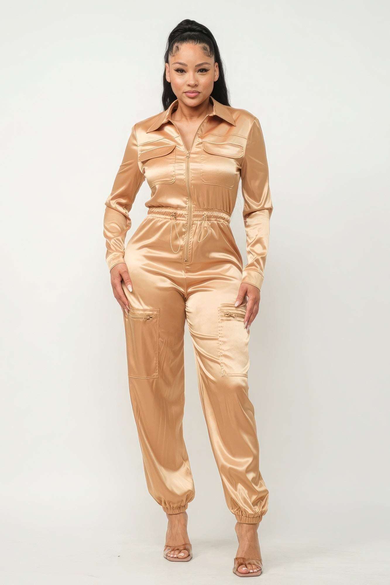 Front Zipper Pockets Top And Pants Jumpsuit - The Diva Goddess