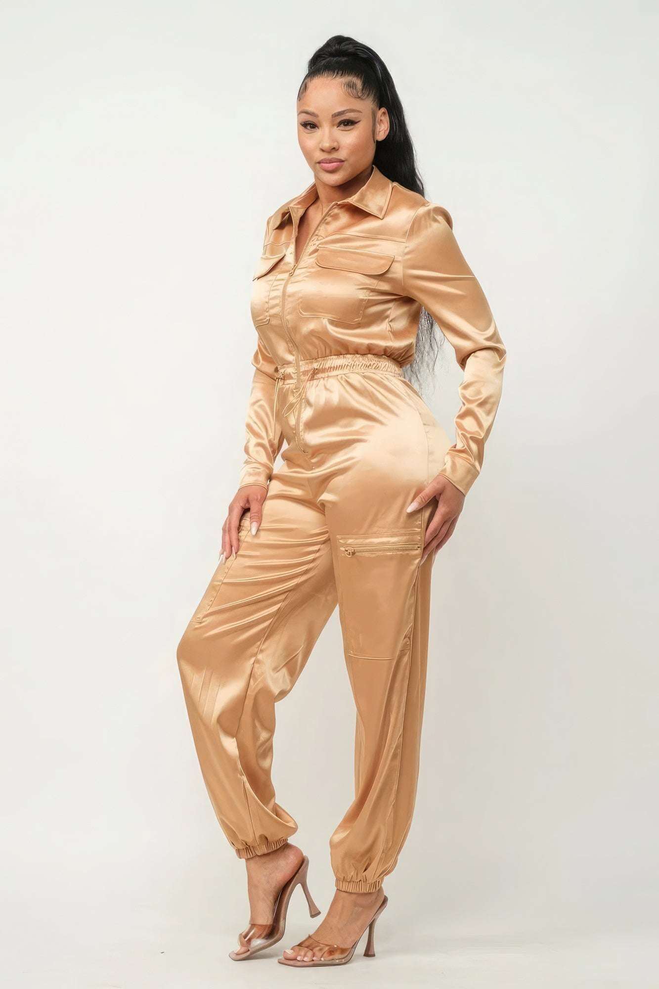 Front Zipper Pockets Top And Pants Jumpsuit - The Diva Goddess