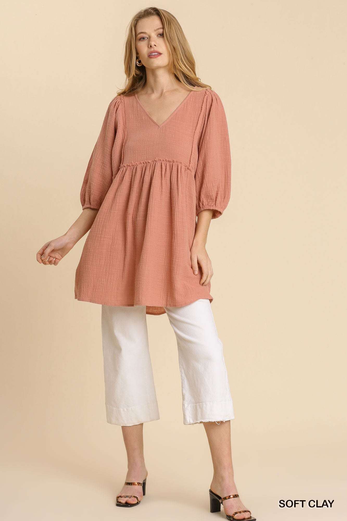 Gauze Slub V-neck Frayed Edge Detail Tunic Dress - The Diva Goddess