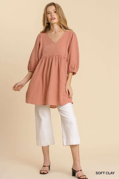 Gauze Slub V-neck Frayed Edge Detail Tunic Dress - The Diva Goddess