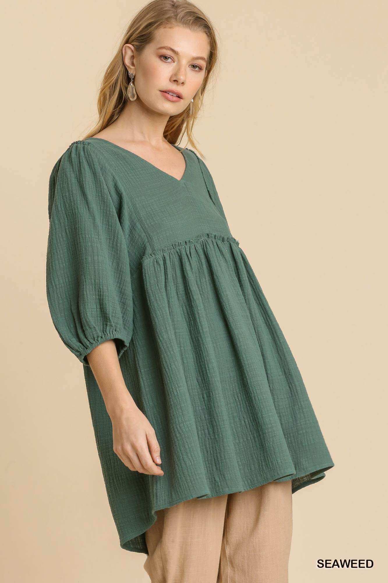 Gauze Slub V-neck Frayed Edge Detail Tunic Dress - The Diva Goddess