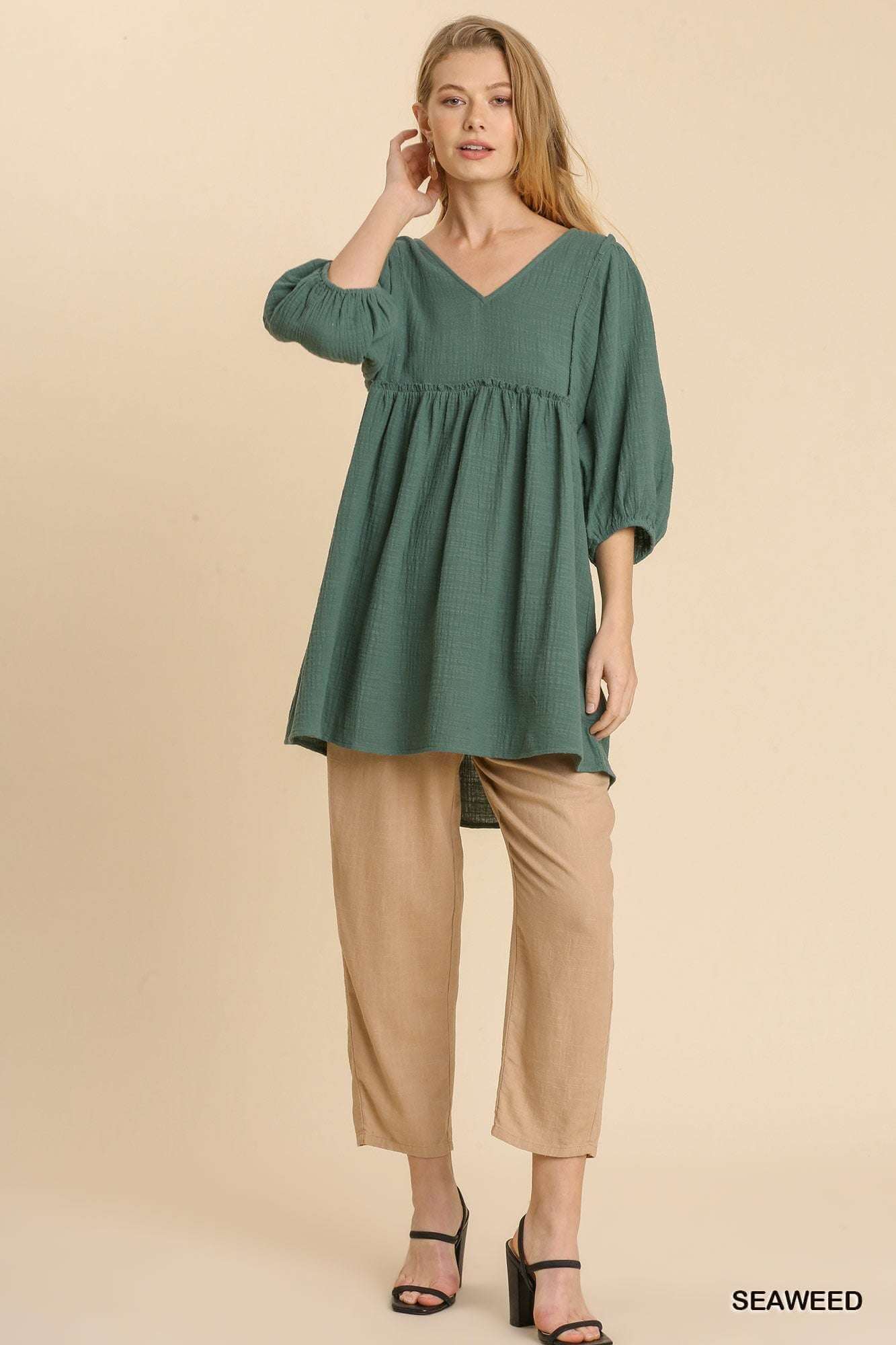 Gauze Slub V-neck Frayed Edge Detail Tunic Dress - The Diva Goddess