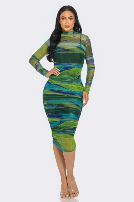 Glitch Print Mesh Ruched Midi Dress - The Diva Goddess