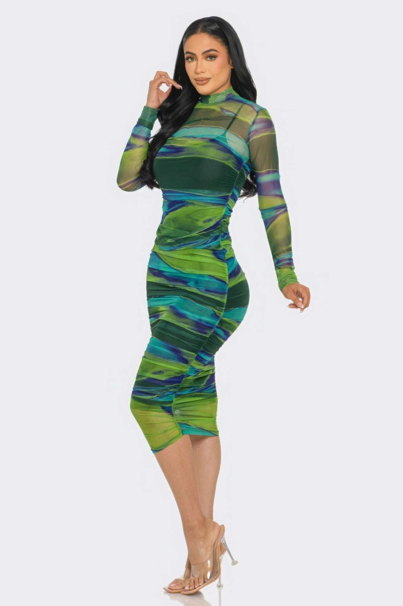 Glitch Print Mesh Ruched Midi Dress - The Diva Goddess