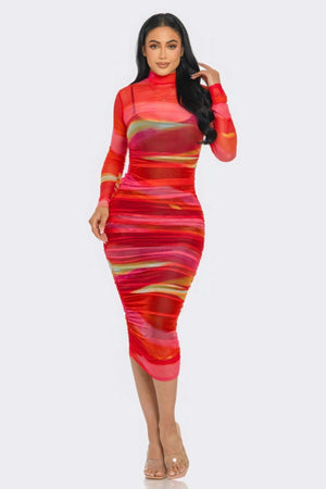 Glitch Print Mesh Ruched Midi Dress - The Diva Goddess