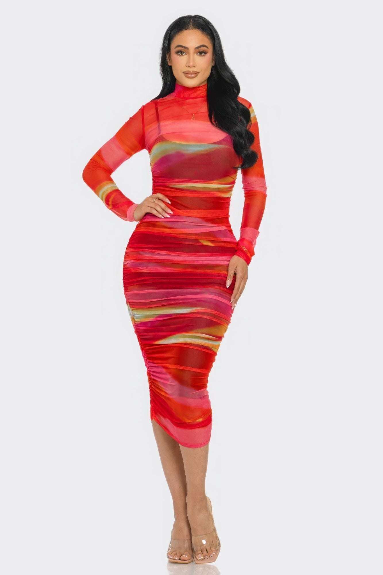 Glitch Print Mesh Ruched Midi Dress - The Diva Goddess