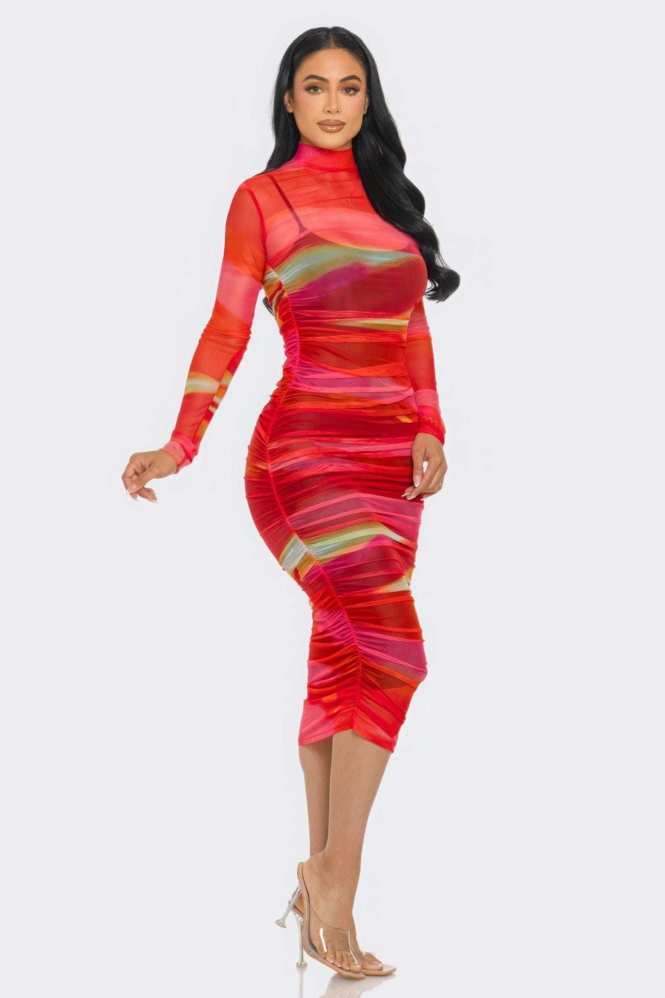 Glitch Print Mesh Ruched Midi Dress - The Diva Goddess