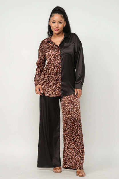 Half Animal Print And Half Solid Top And Pants Set - The Diva Goddess