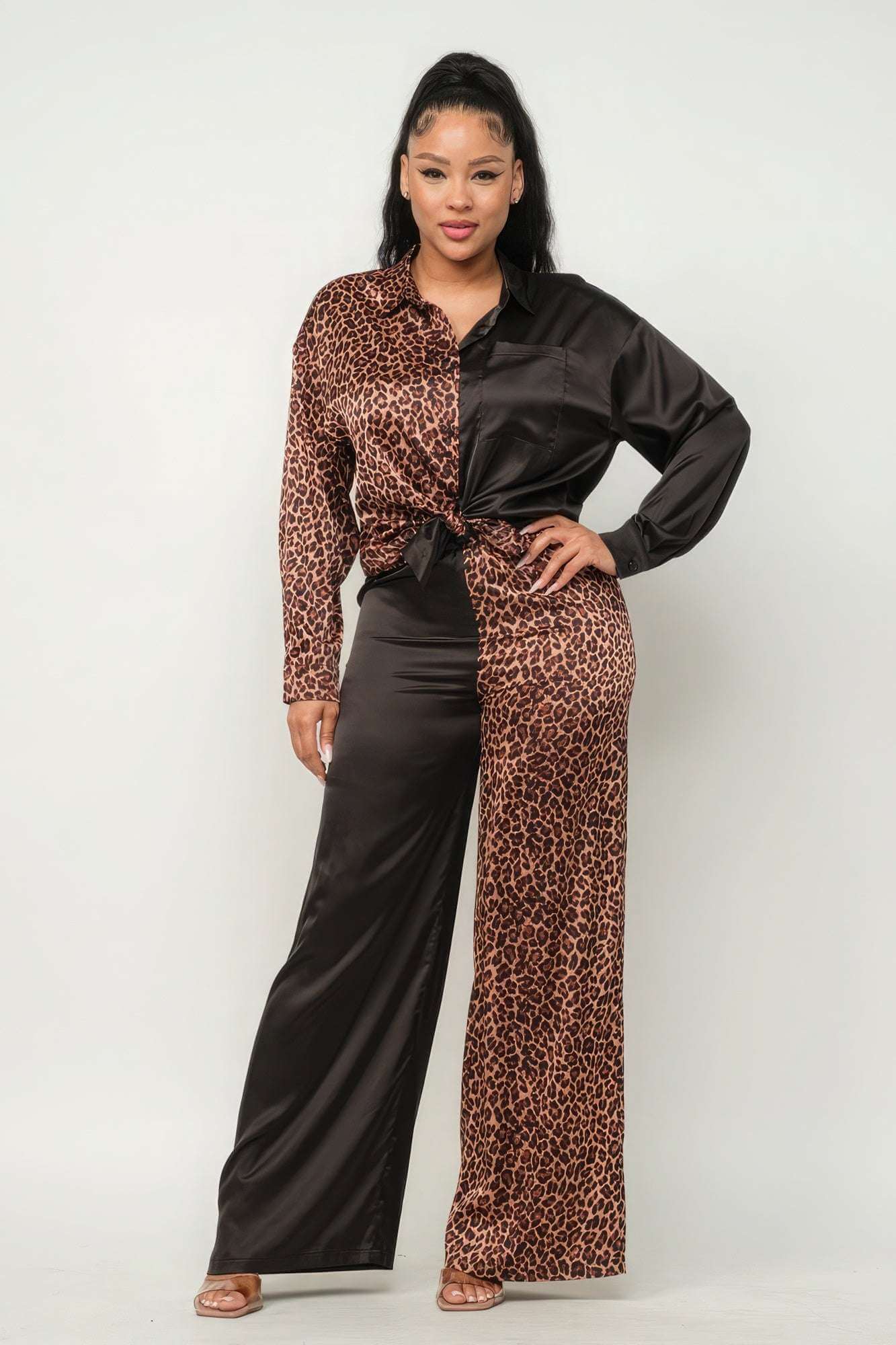 Half Animal Print And Half Solid Top And Pants Set - The Diva Goddess