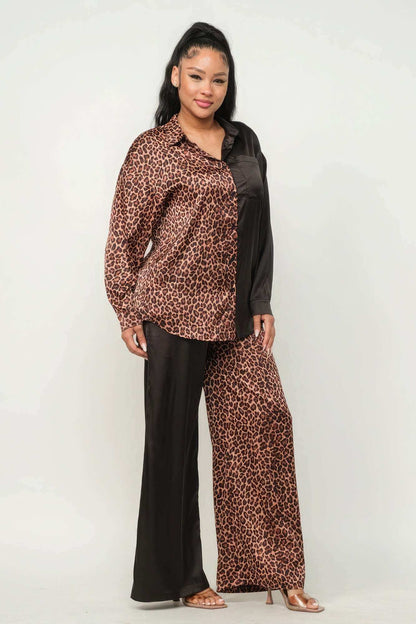 Half Animal Print And Half Solid Top And Pants Set - The Diva Goddess