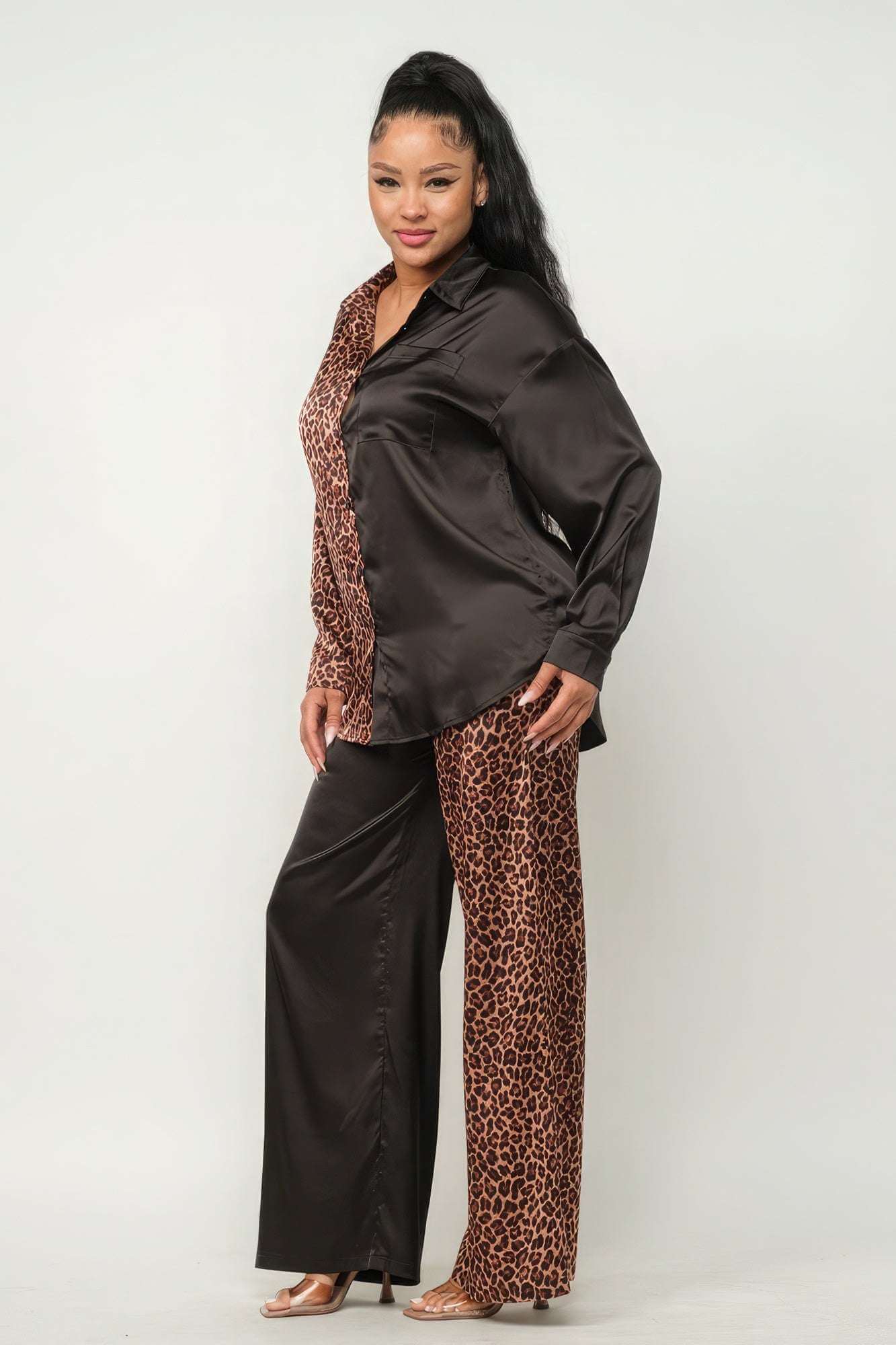 Half Animal Print And Half Solid Top And Pants Set - The Diva Goddess