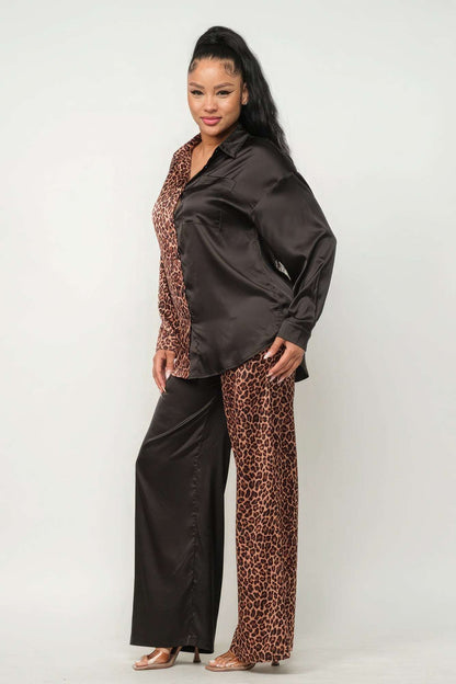 Half Animal Print And Half Solid Top And Pants Set - The Diva Goddess